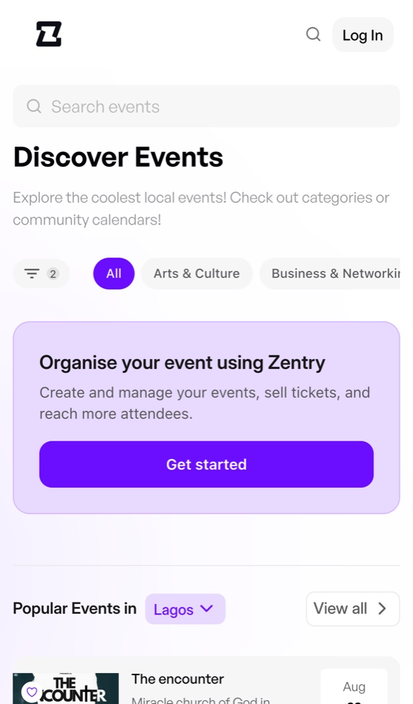 The Zentry event discovery screen on a phone.